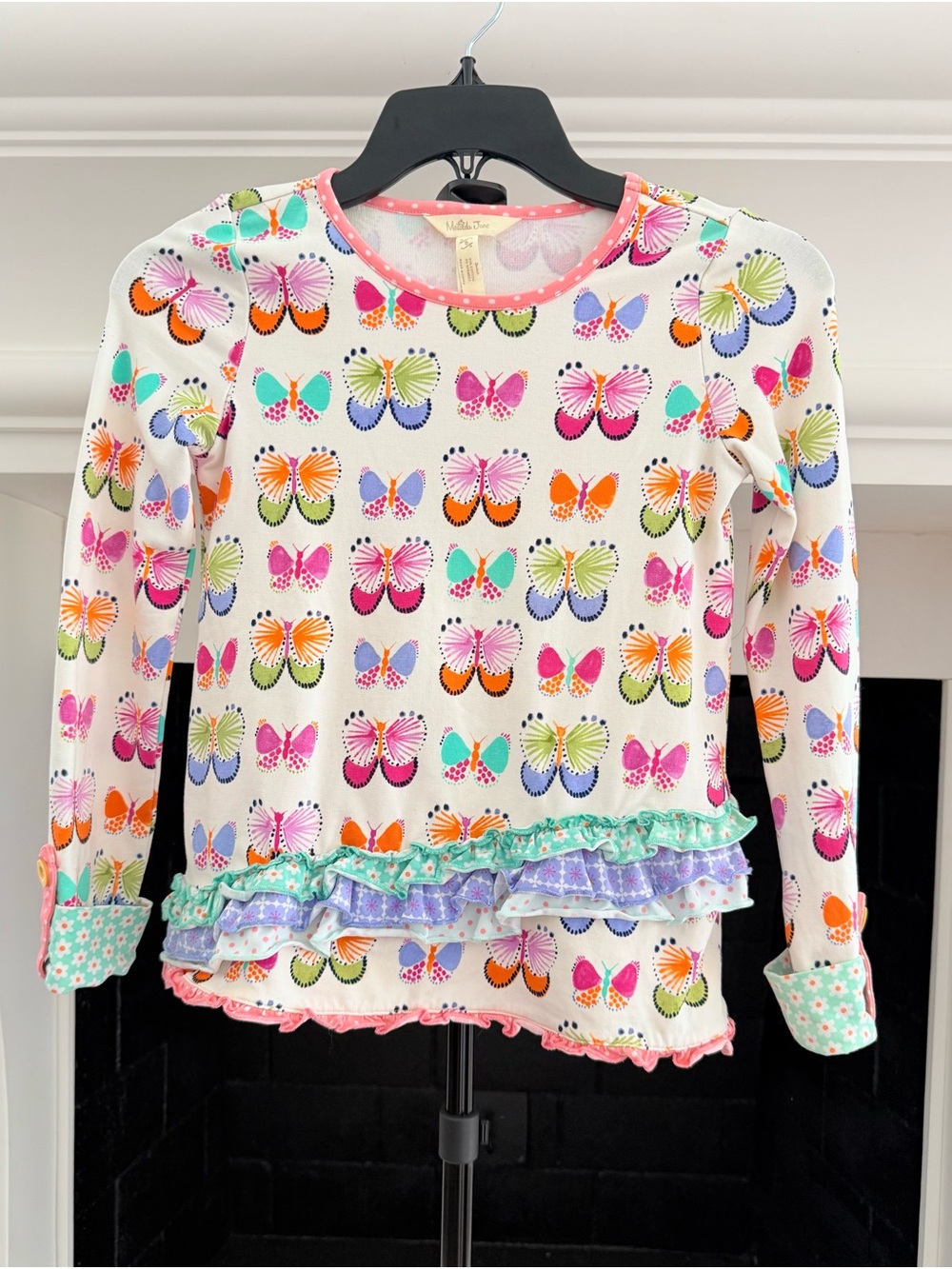 Girls' Butterflies Ruffle Hem Long Sleeve Top - White